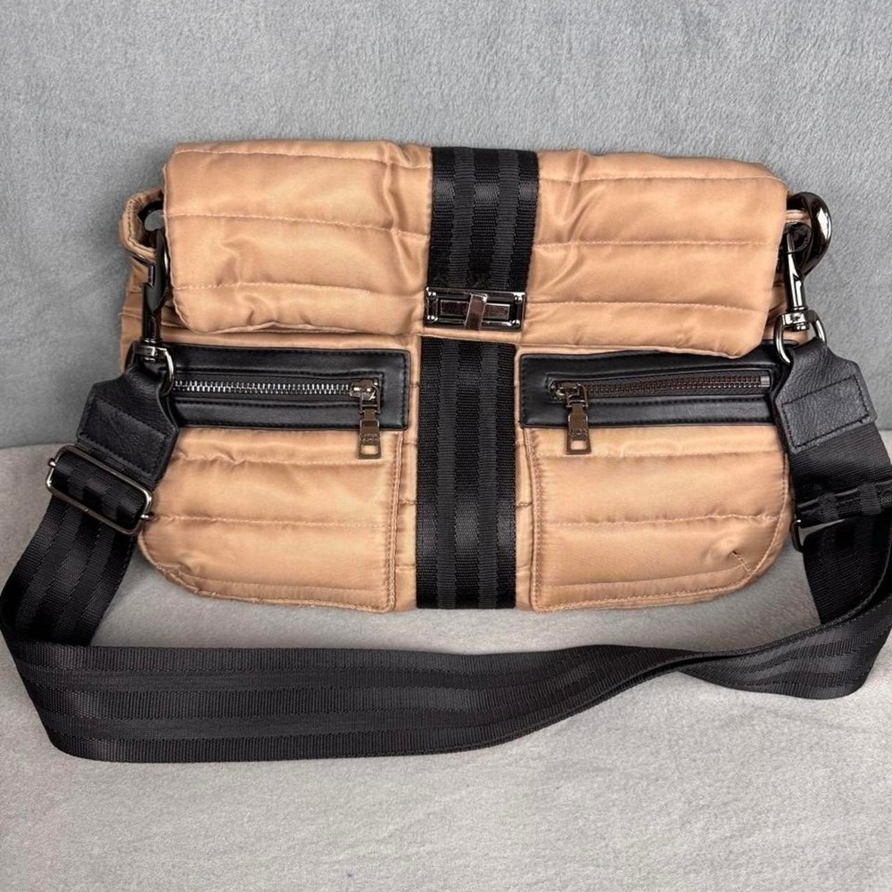 Think Royln Quilted Taupe Crossbody Bag Black Strap